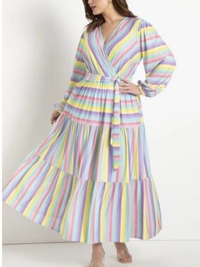 Eloquii Mint and Pastel Rainbow Stripe Wrap Dress